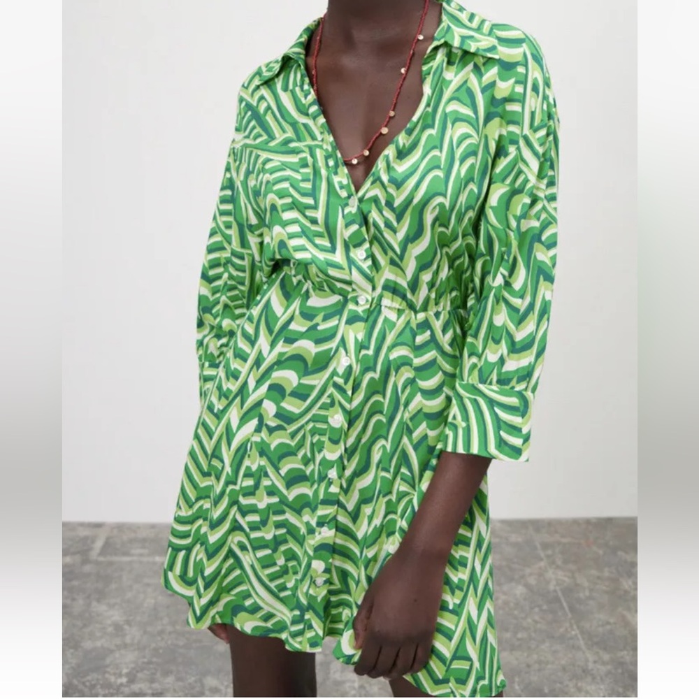 Zara green white printed mini dress